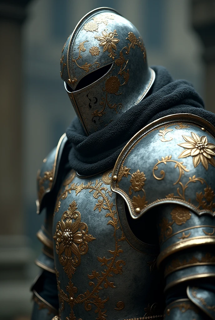 Knight close up portrait with silver and gold engraved armor and steel mask with flower engravings on his helmet and armor. Epic dark fantasy atmosphere, elden ring refrence