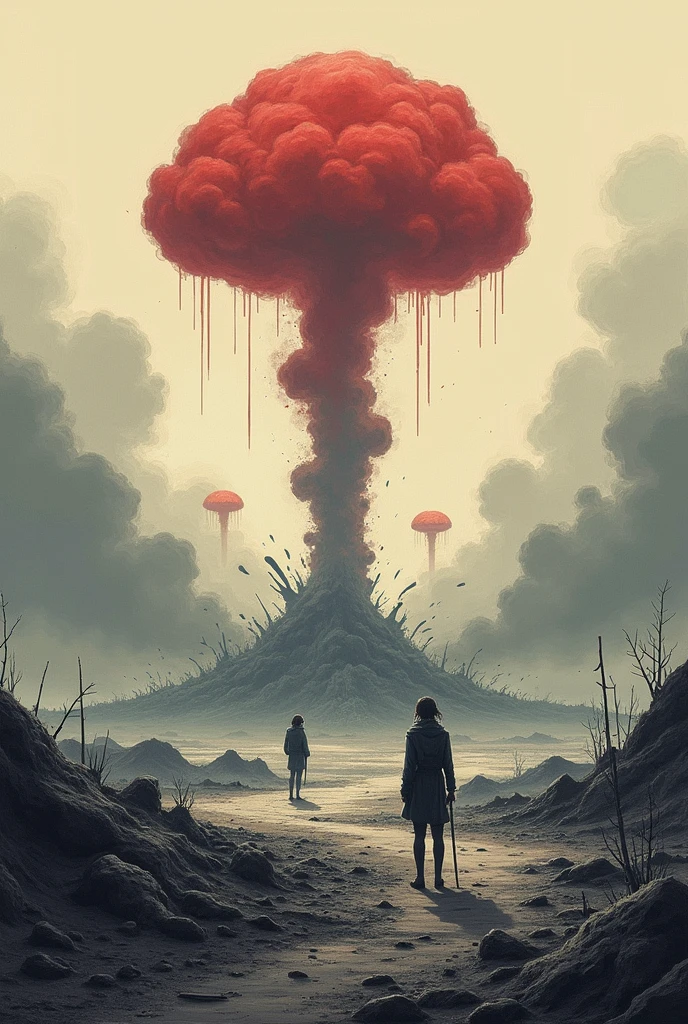 Generate an Poster landscape design on "Neuclear weapon are disaster on earth" simple, drawable for class 9th student. Show some bomb drops, explosion and destruction and poverty