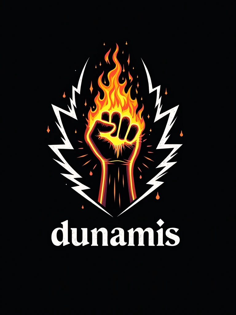 A logo with a hand on fire and lightning bolts around it, saying "dunamis" in a bold and commanding style. The hand is closed, and the design is in black and white.