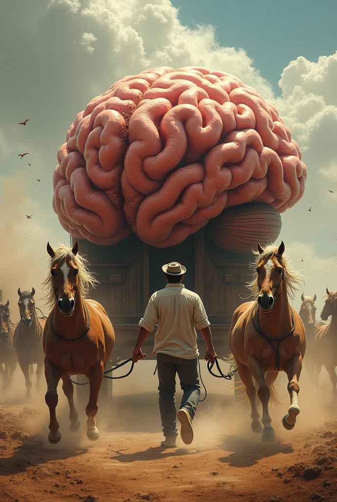 imagine a scene where the brain is represented as a large, runaway cart., being pulled by wild horses at high speed. A determined character is holding the reins firmly, trying to control the cart, which seems about to spin out of control.
The brain, Instead of a cart, it's large and detailed, with a texture reminiscent of the brain's surface, and the reins connect to the horses. The surrounding environment is dynamic, with dust and movement, emphasizing the intensity of the action and the struggle to tame this untamed force.