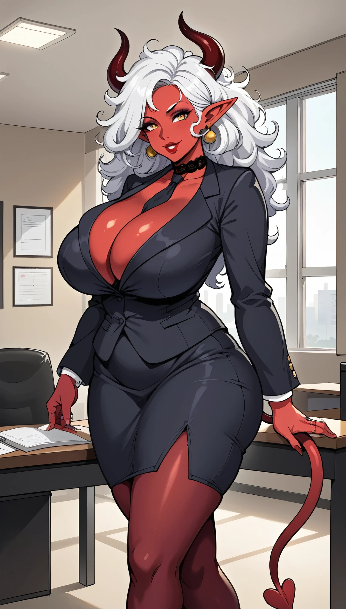 mature female, mom, milf, 40 year old woman, demon, ((red skin)), demon horns, devil tail, elf ears, white hair, messy hair, big hair, sidelocks, amber eyes, ((red lips)), thick lips, puffy lips, smile, parted lips, makeup , eyeshadow, hourglass figure, tall, wide hips, ((thick thighs)), big ass, (huge breasts), sagging breasts, skindentation, tall, oily breasts, business suit, pencil skirt, tie, leggings, ((lace)), ((big earrings)), choker, (ring), indoors, office, window, (sexy pose), dynamic pose, hip and thigh focus, oily breasts, head tilt,