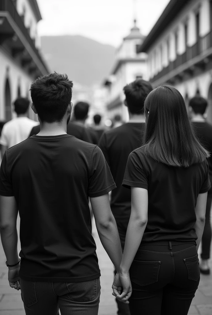 Photos of young men and women wearing black and white t-shirts with their backs turned, taken in Cuenca, Ecuador.