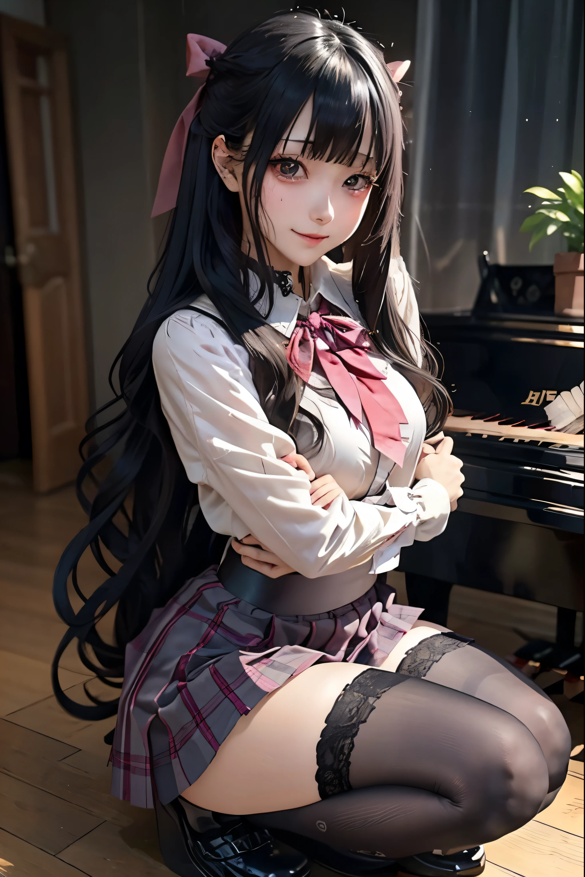 high school girlブレザー、high school girl、Red checked skirt、JK Style、Jacket、smile、garter、Knee socks、Panty stocking、Otherworldly beauty、Extraordinarily cute、boredom、unusual beauty、Dark black eyeshadow、sorrow、Good skin glow、Long Hair Straight Hair、Dark Gothic Makeup、暗いsmile、Beautiful woman、Stained Glass Background、On the table、Best Quality、5 reference books、Sweat glistens on my chest、Sweat glistens on my face、Thigh sweat、sweating、Black frill East size Regular size、Dark pink hair、Age 22 years old、Sweat sticks to my thighs、I sweat a lot and get sticky。、My thighs are sticky and shiny、Sweating on thighs and chest、Small breasts、Slightly slim、I sweat all over my body、play the piano、Sit down and play an instrument、legs are thin、Two people、Lesbian couple、Hugging a girl、My female friend has a super cute face、My female friend has a very beautiful face、Do lesbian play、Super smooth straight hair、