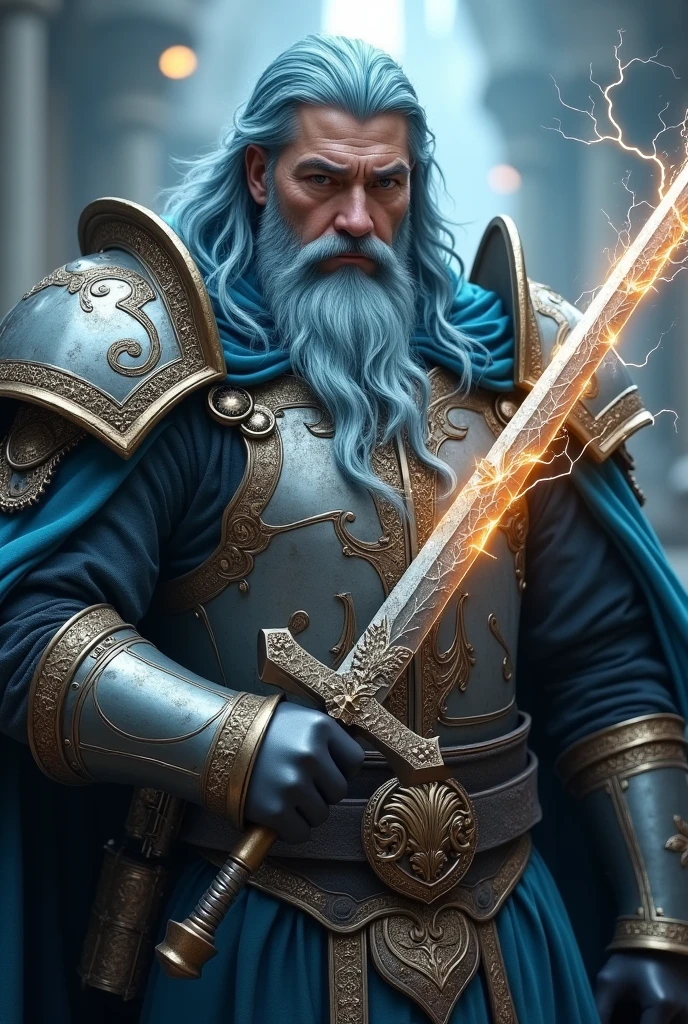 highest quality, 8k, hdr, (head to toe:1.4), Realistic, Human Man, early thirties in age, Russian Asian mixed heritage, sea blue natural hair with long thick platinum streaks including beard, full figure, wearing fantasy armor, thick and heavy fantasy armor, Holding a glowing magical sword with wisps of lightning dancing off it
