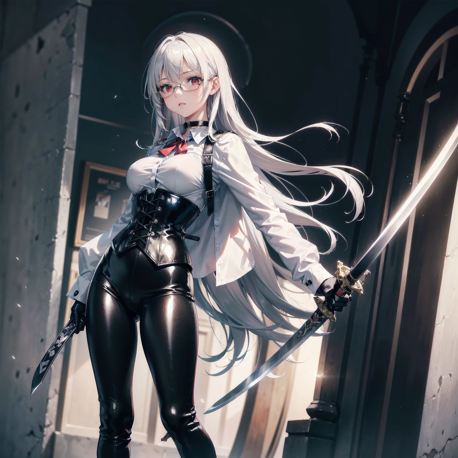masterpiece, Superior image quality, High resolution, 4k image,Photo and gross, photorealistic, 1 young girl of 18 years old, standing, {Alone},{{{vagina}}}, beautiful face, long silver hair, scarlet red eyes, very detailed eyes, shy expression, glasses choker:1.6, (white collar button down shirt white long sleeve), black gloves, gloves covering the hands, (wielding a sword with the right hand), (black leather corset), (shiny black leggings), (black leather boots), sensual lips , show details in the eyes, view from front, Dark forest, at night, atmosphere, fog