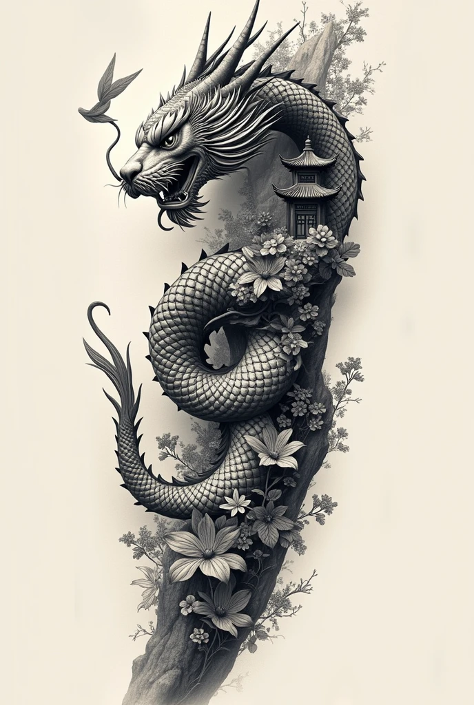 Chinese themed arm sleeve tattoo, dragon, tigre, chinese temple, black and white flowers