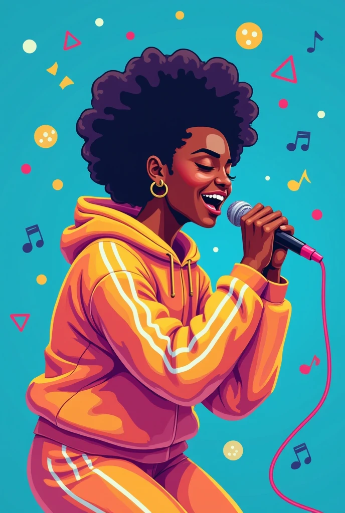 Create a flat design illustration of a Black character singing into a microphone. The character should be so engrossed in singing that his eyes are closed. He should be dressed in 1990s-style gym attire, such as a bright, colorful tracksuit with geometric patterns. The illustration should be in a vibrant, colorful flat design style with simple shapes. The background should be a lively blue, with a cheerful and energetic atmosphere. Ensure the overall mood is upbeat and contagious, capturing the essence of a fun and enthusiastic performance.