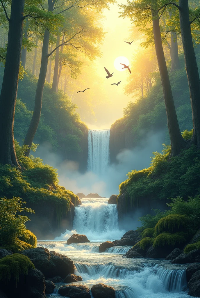 The waterfall is flowing in the forest, the sun is rising in the morning, the birds are flying,