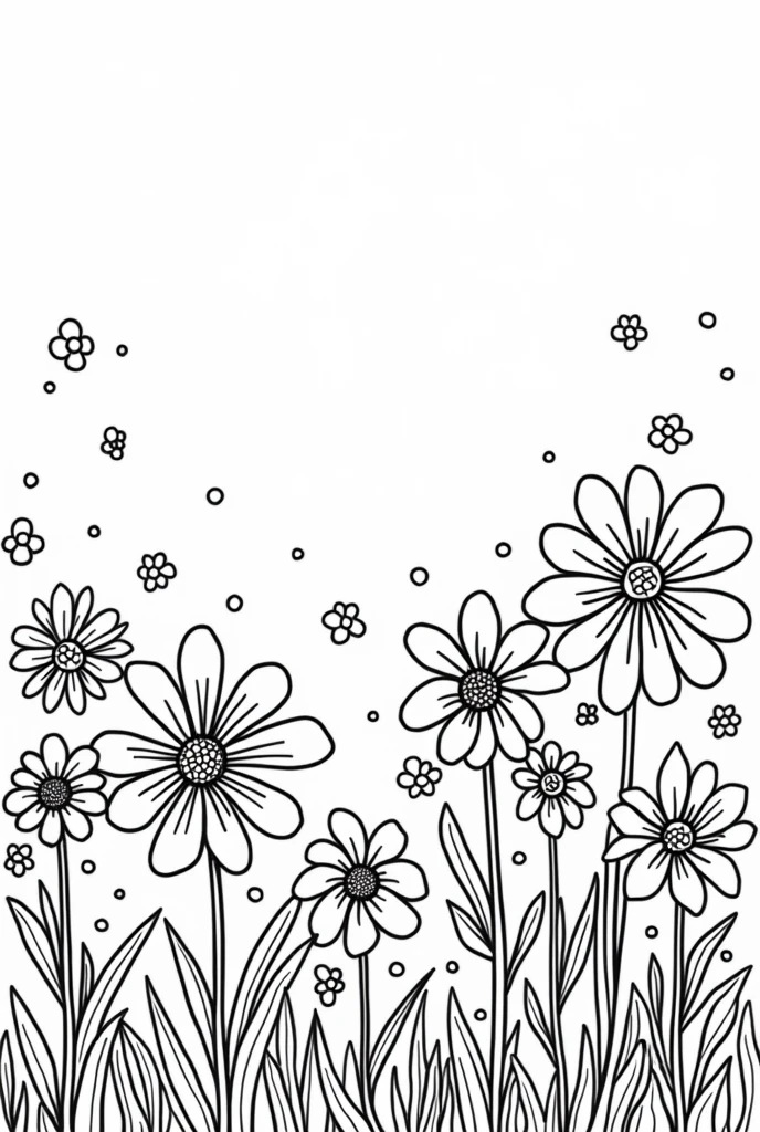 Draw me a kawaii colouring page for a kids colouring book with a cute field of flowers. The picture should be a very simple lineart artwork