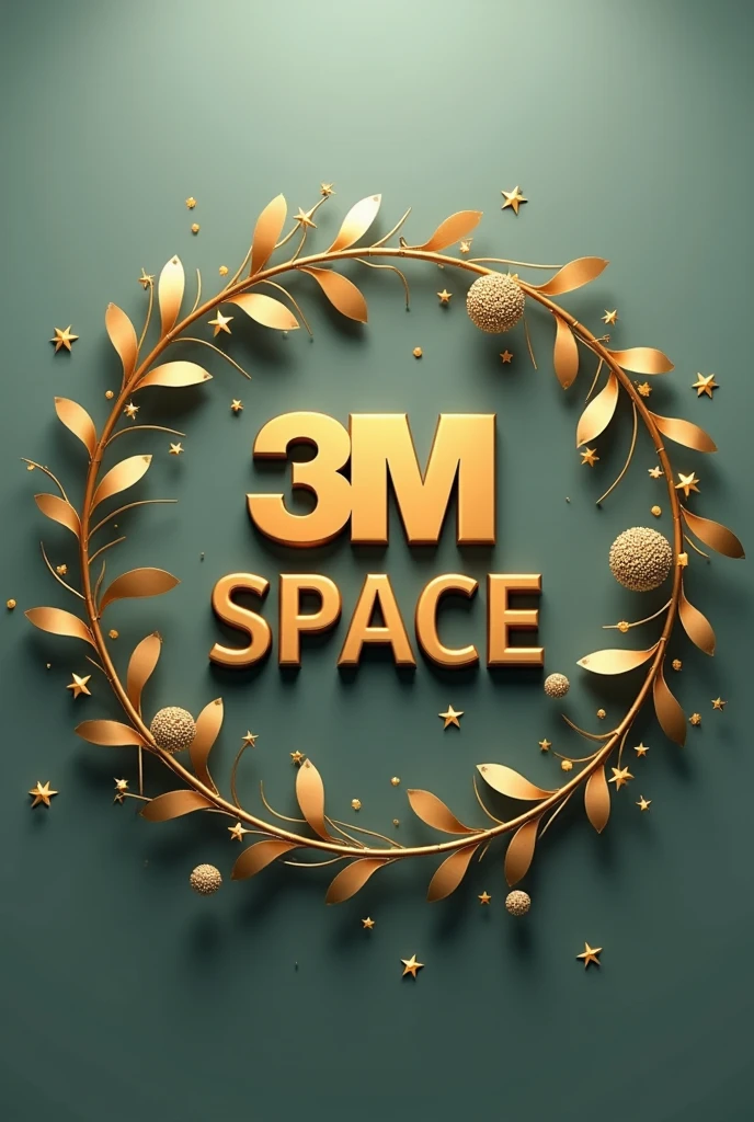 The original image features the text "3M Space" in a golden, three-dimensional font, against a green-gray background. Around the text, with decorative golden ribbons and stars, in a circular composition that conveys elegance and sophistication.