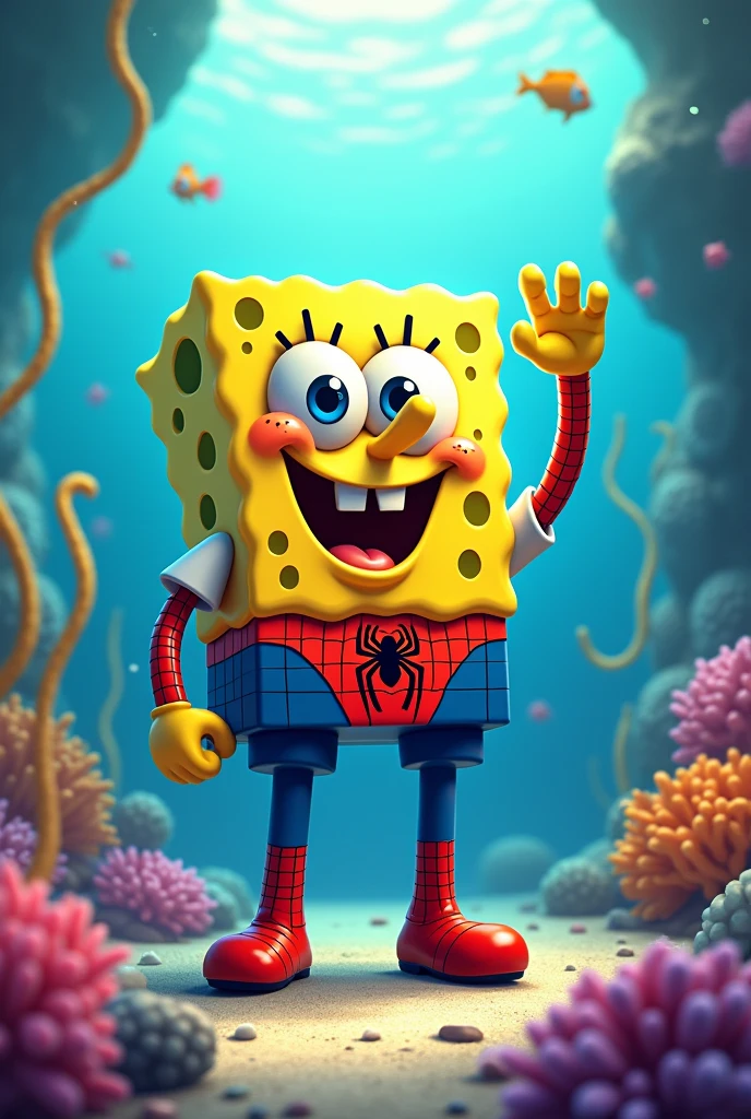 Bob Sponge dressed as Spiderman 
