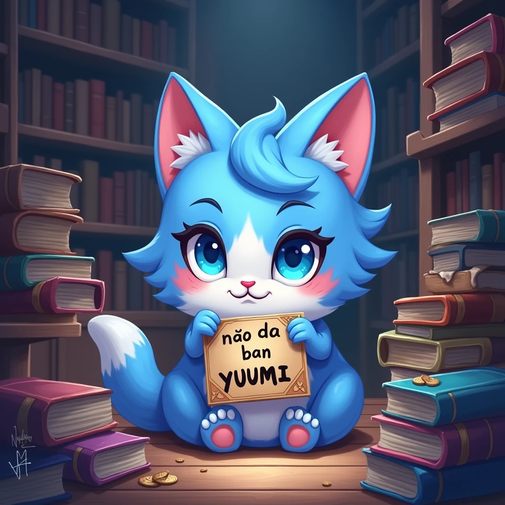 yuumi the magical blue cat from league of legends, light blue eyes holds a sign that says "não da ban yuumi" and books