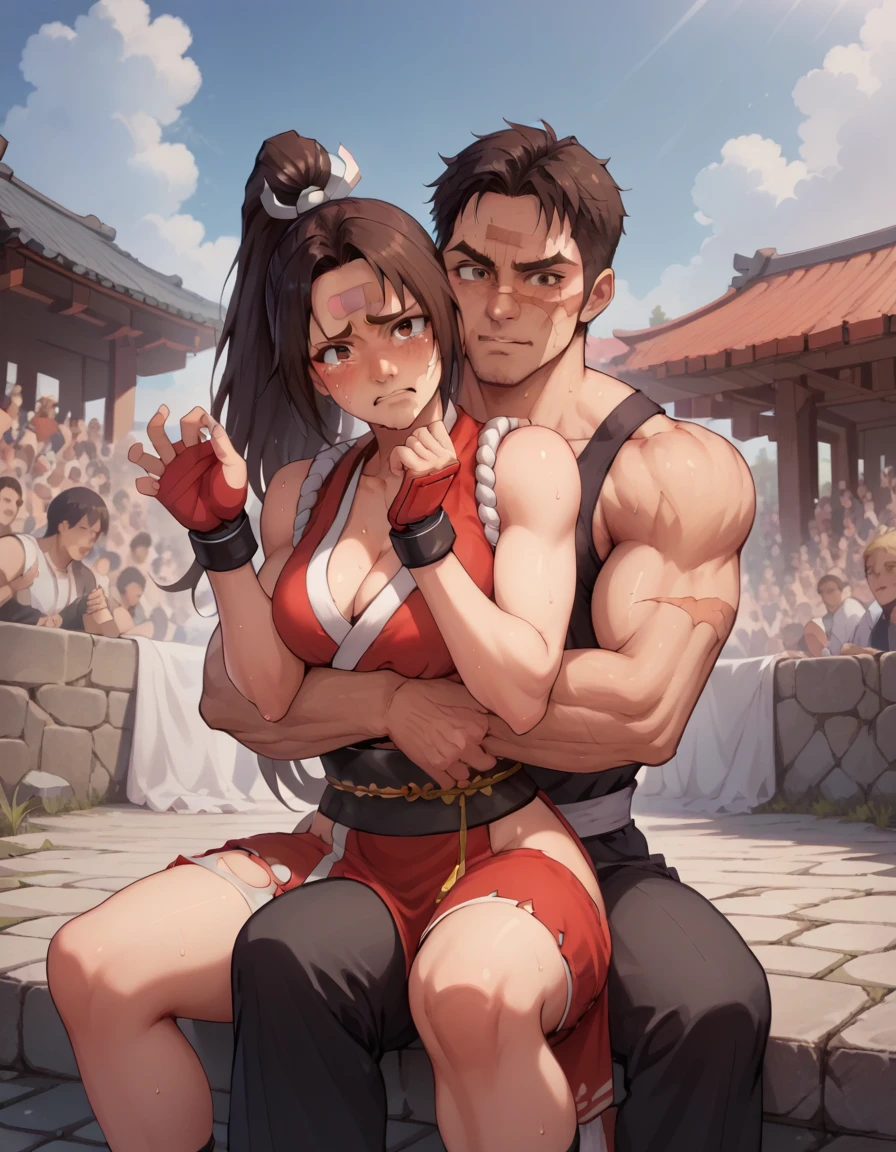 mai shirnui, Hug with male people Muscle wrestler、score_9, score_8_upper, score_7_upper, score_6_upper, score_5_upper, score_4_upper、Inspired by Japanese manga style, Manga style, How to draw manga, Digital drawing, An 8K masterpiece depicting a Japanese manga about girls in their twenties, Act as a slave, Anguished expression, A gesture of defeat, Torn clothes and black jilbab, Hands restrained by chains, spread, Sit upright on the stone pavement. Surrounded by a crowd of women. Face full of scars、Skin shiny with sweat、、 crying wet bursting out eyes, real tears streaming down face, ultra-detailed eyes,,expression of despair,Illumination that emphasizes shiny sweat{{{Spread }}},Infuriated, bandaid on face,tatteredclothing