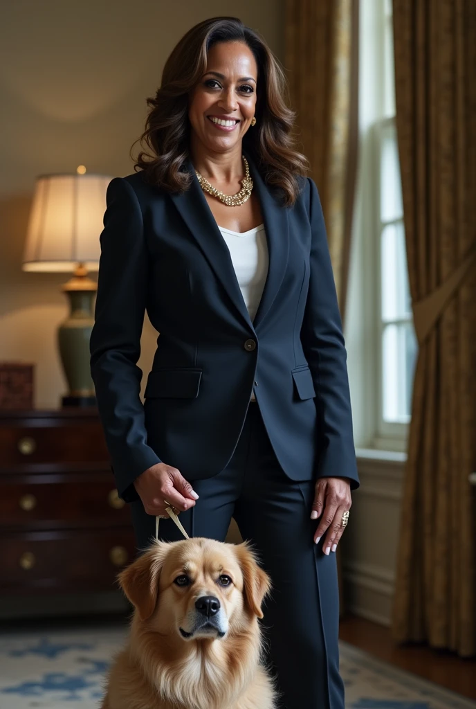 Met our newest pawlicy advisor today—say hi to Newton! Kamala harris with newton and keep $newton word in image. Create vertical image