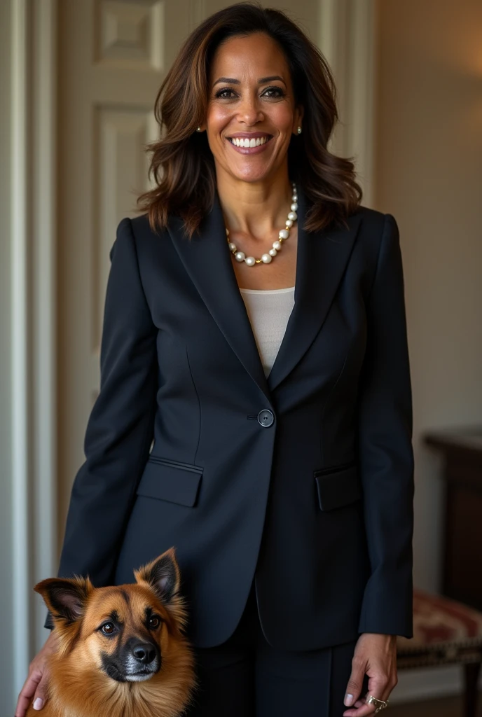 Met our newest pawlicy advisor today—say hi to Newton! Kamala harris with newton and keep $newton word in image. Create vertical image
