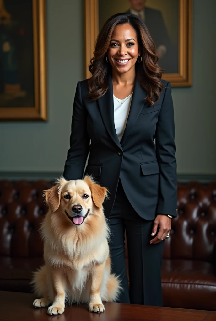 Met our newest pawlicy advisor today—say hi to Newton! Kamala harris with newton and keep $newton word in image. Create vertical image