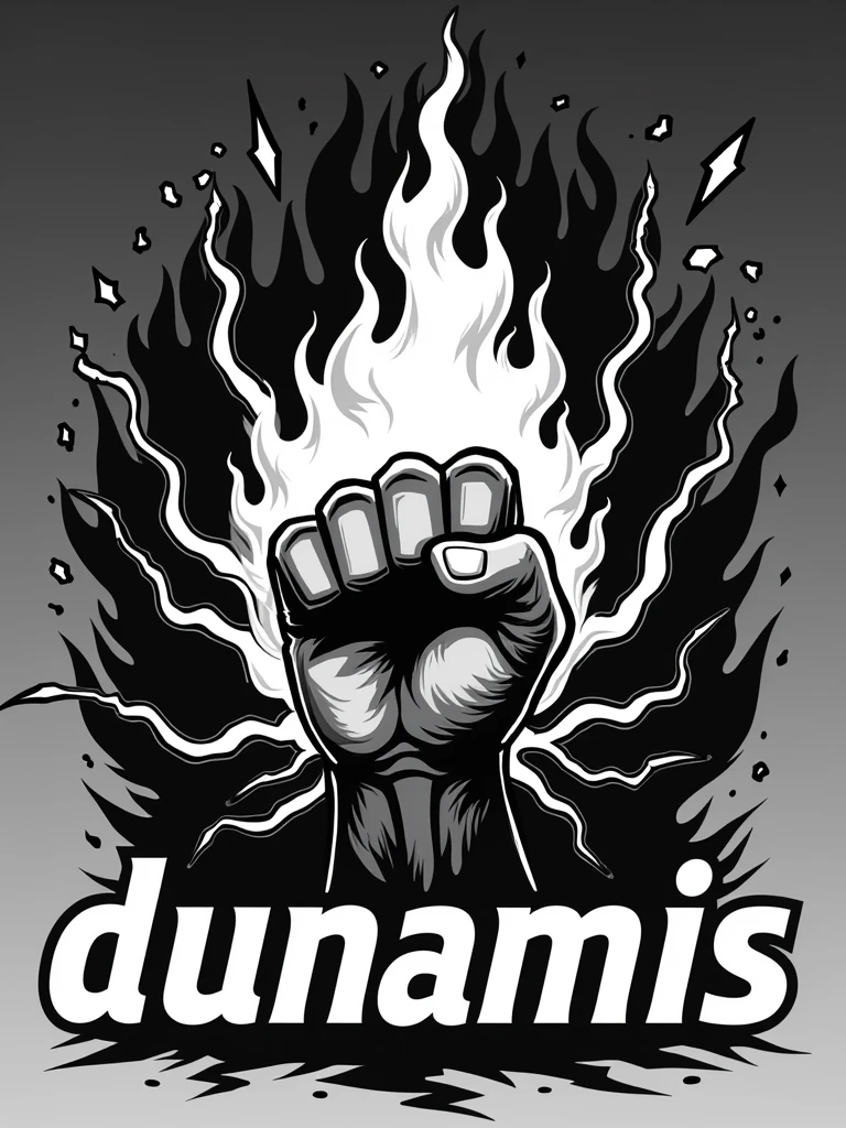 A logo with a hand on fire and lightning bolts around it, saying "dunamis" in a bold and commanding style. The hand is closed, and the design is in black and white.