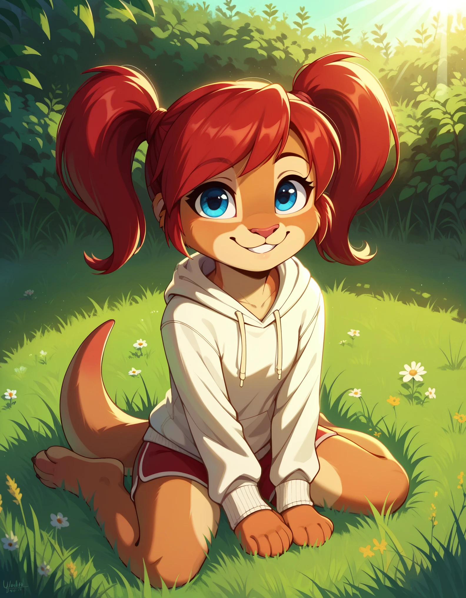 score_9, score_8_up, score_7, rating_ safe, source_furry, furry, camille_w, solo, red hair, twintails, blue eyes, hoodie, (kangaroo tail:0.7), sitting, outdoors, grass, looking at viewer, smile, cute, sunlight, natural lighting, 