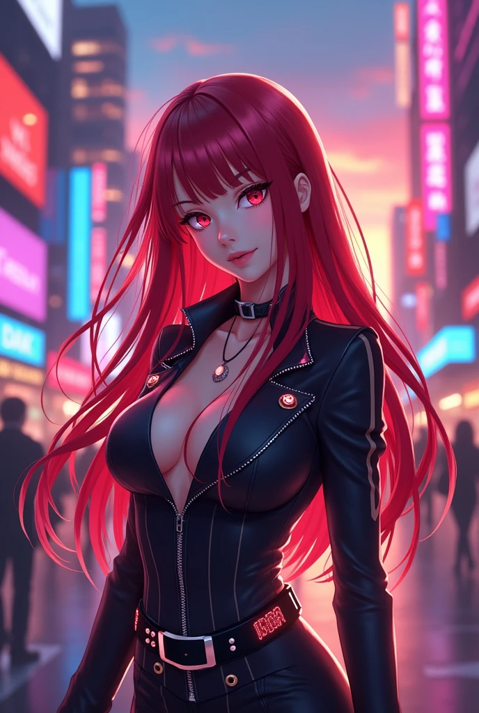 "Design an eye-catching mobile wallpaper featuring a stunning, young adult anime woman in a lively, futuristic city at sunset. She has long, flowing hair in a rich, vibrant color like deep red or midnight blue, and her eyes are captivating, reflecting the colorful lights of the city. She’s dressed in a stylish, sleek outfit with intricate details and glowing patterns, exuding confidence and grace. The scene around her is filled with vibrant colors—neon signs, bustling streets, and a sky painted with shades of pink, orange, and purple. The city is alive with energy, with a mix of modern and futuristic elements. The overall vibe should be vibrant and dynamic, with the anime woman as the central, striking figure. This wallpaper should be so captivating that anyone who sees it will want it on their phone."