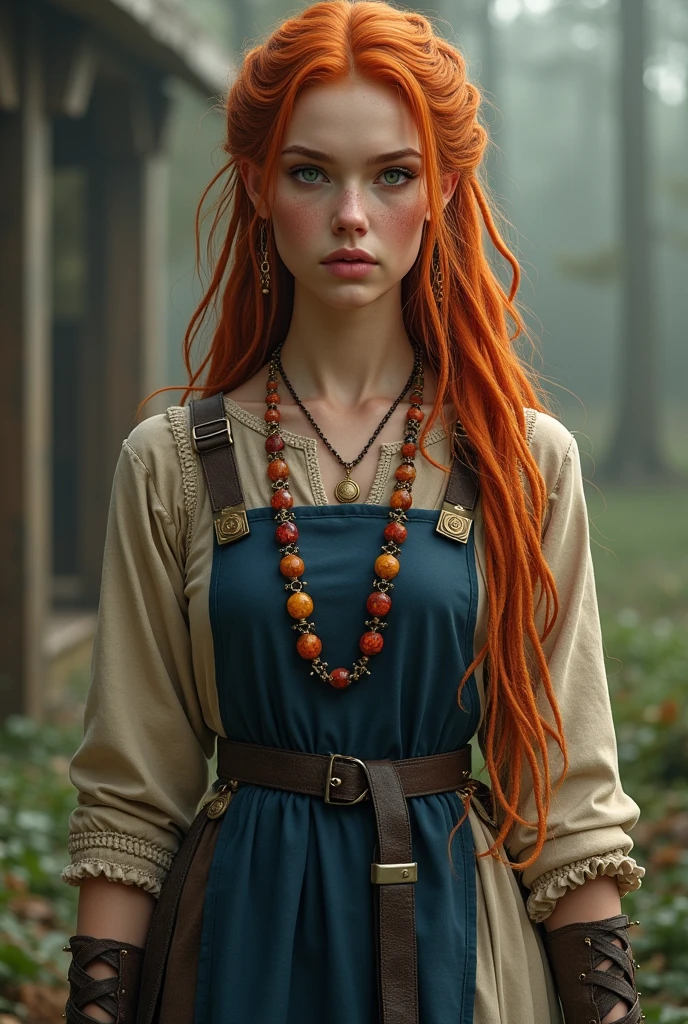 A woman, she's 1.79 tall, that's tall for a woman and she's practically the same height as Viggo, she's just 1cm shorter. She have wavy and long ginger hair, she's a redhead, her hair is have some dreadlocks but is still have some loose wavy strands, her hair is usually kinda combed back, so there's not a fringe. Her eyes have a greyish turquoise color, her eyes have thin-almond and slightly upturned shape, she have long downturned thick eyelashes, she have thick and high arched eyebrows, she have a ivory and light skin tone, she have some few freckles on her cheeks and nose she have a straight and slightly long nose, a defined jawline, medium lips, she have quite handsome/beautiful and attractive features, her features are not girly or too delicate, she looks more intense and strong, she's not conventionally feminine, but still has a certain feminine charm, but not delicate, after all she's a warrior. Her body is is athletic but nor overly bulky, you know, she's not too muscular like a man but she's toned, and she have some pretty curves too, she large breasts, medium shoulders, a small waist, wide hips, toned and strong legs, thick and defined thighs, toned and slightly thick arms, nice ass, slightly defined abs, defined collarbone and slender hands. She is a very beautiful woman. She has an intense and somewhat intimidating look. Now she is wearing a beige linen dress and a dark blue norse apron dress of the same length as the linen dress under it, she is also wearing a blue belt a little darker than the one in the fabric apron dress around her waist, she is also wearing it, in the straps part of the apron dress there is a small golden medallion one on each side which is what holds the straps, and attached to these medallions is a small necklace of small stones in shades of red, orange and yellow, she's wearing a brown knee-high boot and she's also wearing a necklace made of bear fangs. Semi realistic draw style.