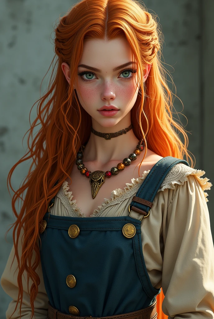 A woman, she's 1.79 tall, that's tall for a woman and she's practically the same height as Viggo, she's just 1cm shorter. She have wavy and long ginger hair, she's a redhead, her hair is have some dreadlocks but is still have some loose wavy strands, her hair is usually kinda combed back, so there's not a fringe. Her eyes have a greyish turquoise color, her eyes have thin-almond and slightly upturned shape, she have long downturned thick eyelashes, she have thick and high arched eyebrows, she have a ivory and light skin tone, she have some few freckles on her cheeks and nose she have a straight and slightly long nose, a defined jawline, medium lips, she have quite handsome/beautiful and attractive features, her features are not girly or too delicate, she looks more intense and strong, she's not conventionally feminine, but still has a certain feminine charm, but not delicate, after all she's a warrior. Her body is is athletic but nor overly bulky, you know, she's not too muscular like a man but she's toned, and she have some pretty curves too, she large breasts, medium shoulders, a small waist, wide hips, toned and strong legs, thick and defined thighs, toned and slightly thick arms, nice ass, slightly defined abs, defined collarbone and slender hands. She is a very beautiful woman. She has an intense and somewhat intimidating look. Now she is wearing a beige linen dress and a dark blue norse apron dress of the same length as the linen dress under it, she is also wearing a blue belt a little darker than the one in the fabric apron dress around her waist, she is also wearing it, in the straps part of the apron dress there is a small golden medallion one on each side which is what holds the straps, and attached to these medallions is a small necklace of small stones in shades of red, orange and yellow, she's wearing a brown knee-high boot and she's also wearing a necklace made of bear fangs. Semi realistic draw style.