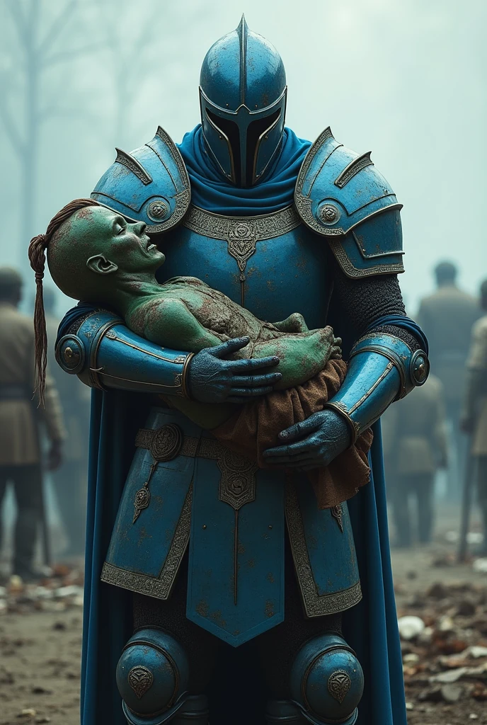 A warrior in blue armor and a closed blue helmet holding the body of a warrior in green armor