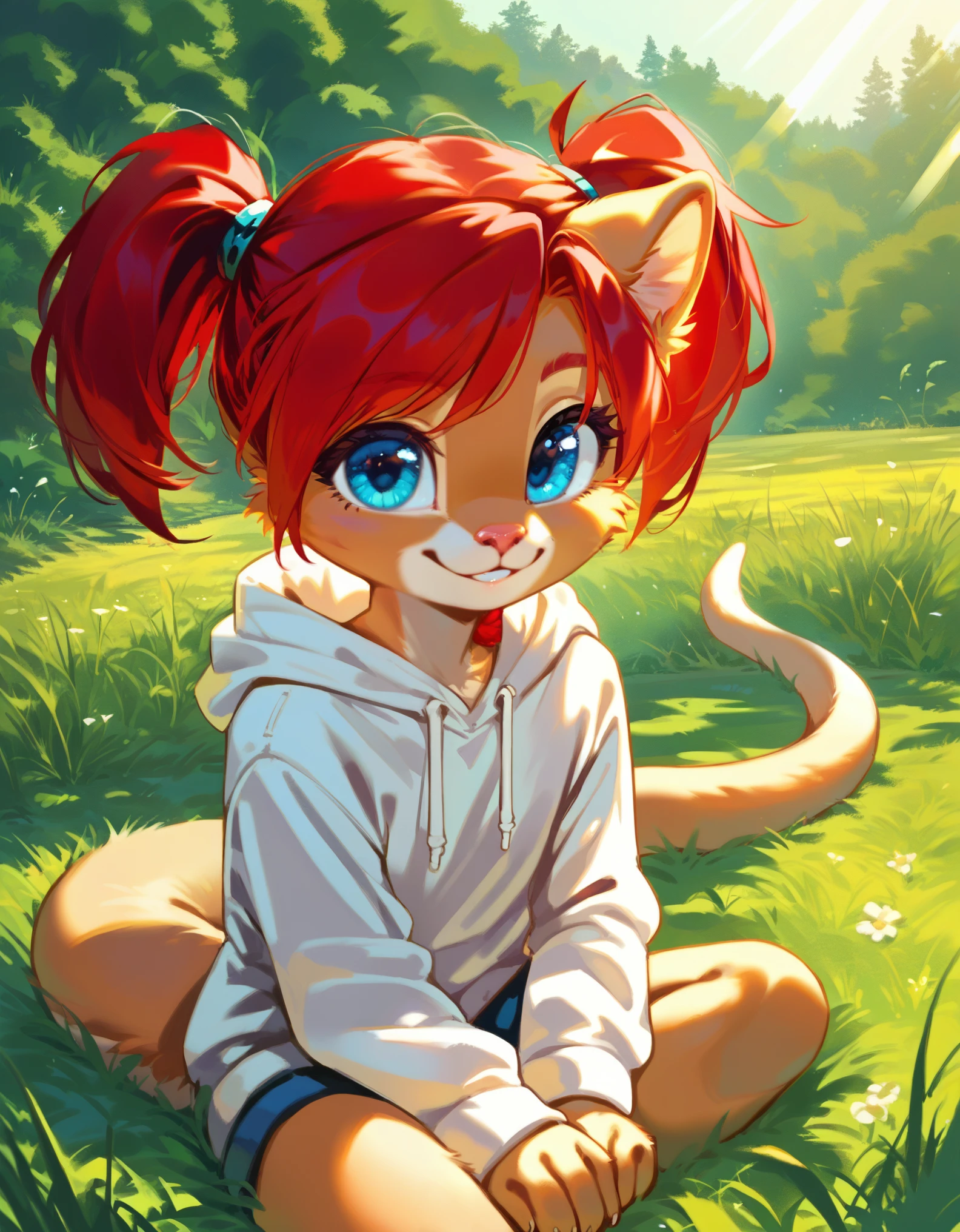 score_9, score_8_up, score_7, rating_ safe, source_furry, furry, camille_w, solo, red hair, twintails, blue eyes, hoodie, (kangaroo tail:0.7), sitting, outdoors, grass, looking at viewer, smile, cute, sunlight, natural lighting, 