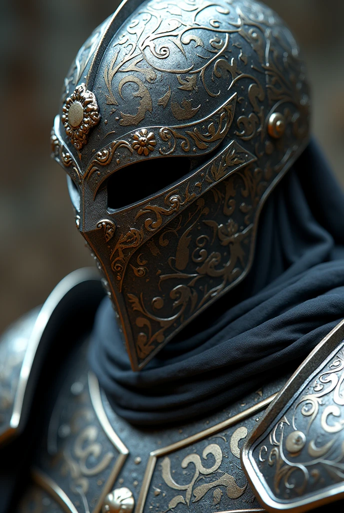 Berseker dark Knight close up portrait with silver and gold engraved armor and steel mask with flower engravings on his helmet and armor. Epic dark fantasy atmosphere, elden ring refrence
