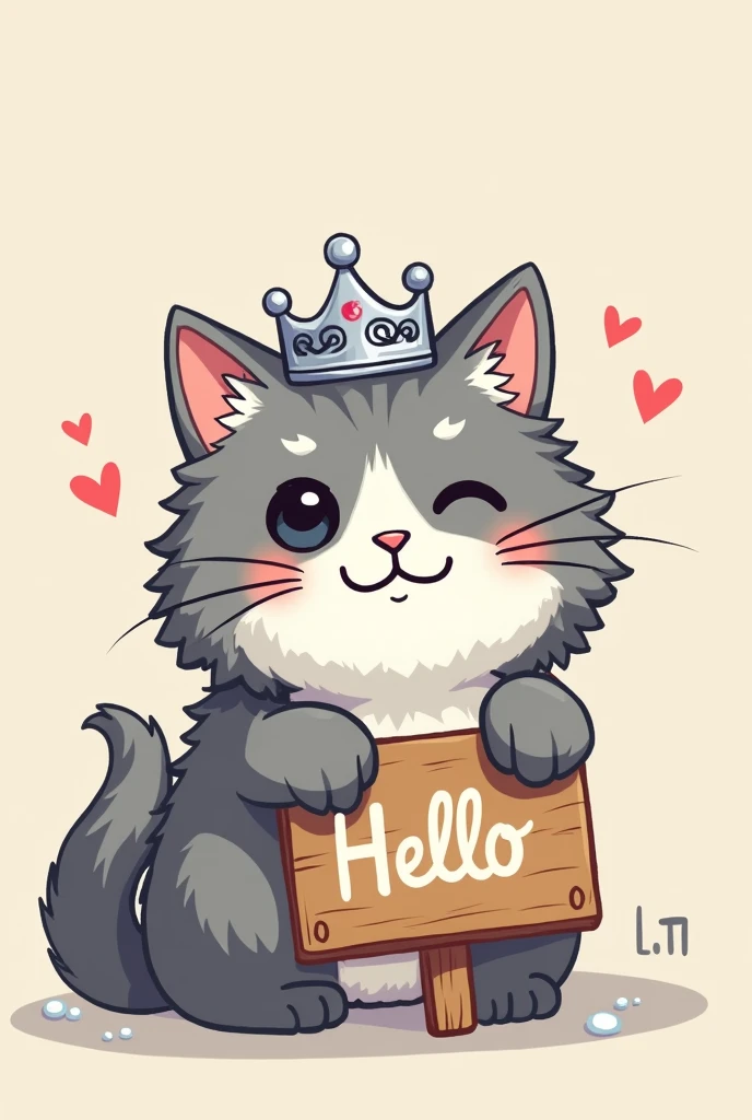 un chat gris et blanc syberien qui fait un clin d oeil avec une couronne en argent en dessin manga qui tient une pancarte avec écrit "Hello" above. in pixel art mode