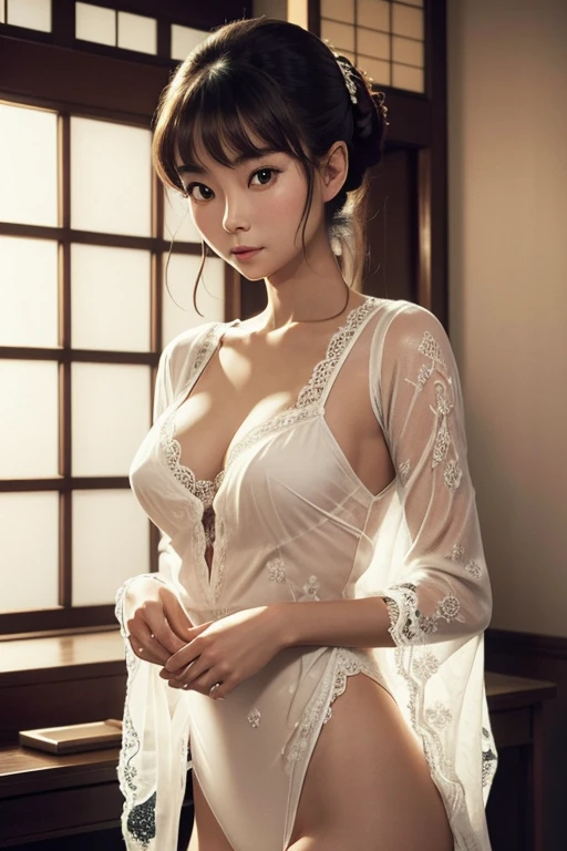 Under soft indoor lighting, a Japanese woman dressed in a thin lace top, with a close-up shot capturing the contours of her breasts, delicately displaying her softness and sensuality. Descendent of Audrey Hepburn 