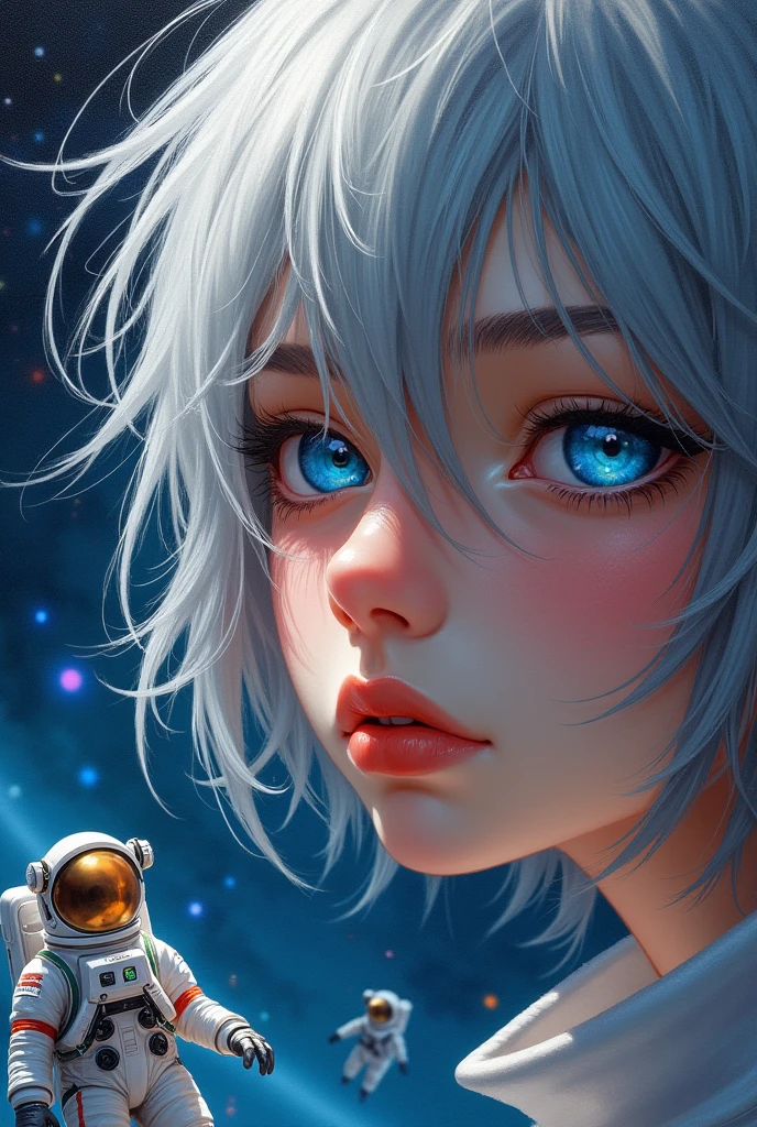 (Close-up of a better masterpiece:1.5)0.9], (Space and astronauts:1.2) (Messy silver hair:1.1) (Heterochromia xanthochromia and blue eyes:1.2) (Space Helmet:1.0) (Colored stars in the eyes:1.0) (A radiant glow:1.1) (thick lips:0.9)