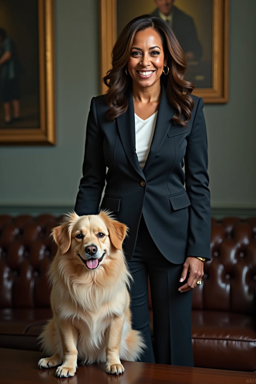 Met our newest pawlicy advisor today—say hi to Newton! Kamala harris with newton and keep $newton word in image. Create vertical image