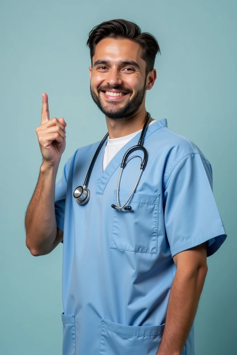 A doctor in uniform and stethoscope looking at the camera, smile and with arm raised and index finger pointing to the side