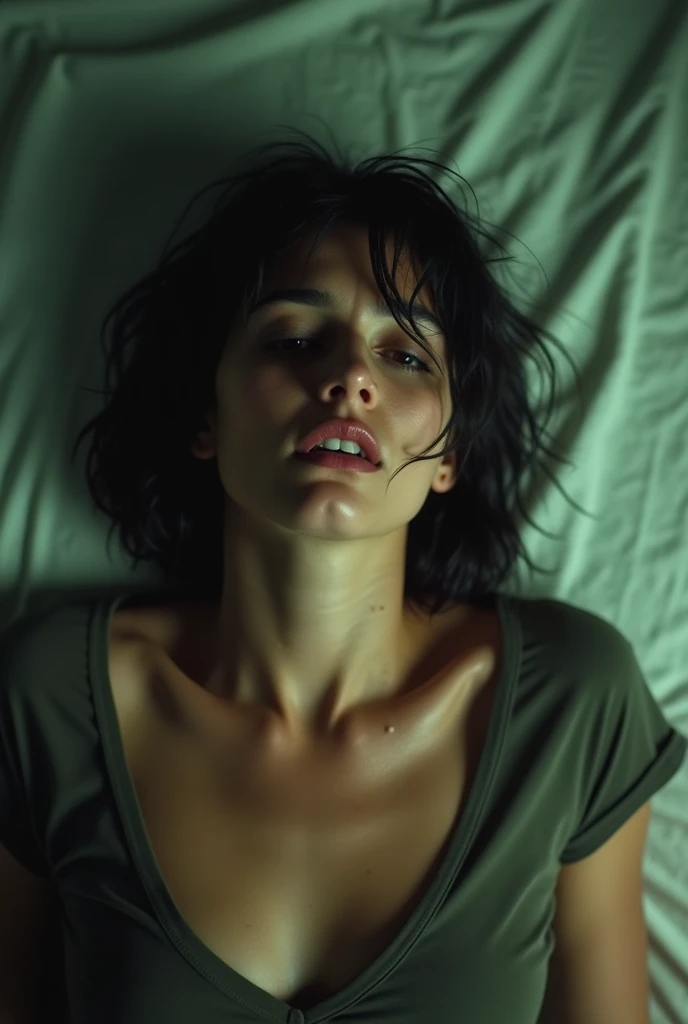 70s setting, grainy film, ultra-detailed, realistic, abstract, desperate tremor, sexual exhausted, hard breath, loosing control, hazy, sweat, desperation, soaked t-shirt, void, red lips, noir, messy sticky hair, bob cut, natural skin texture, from above