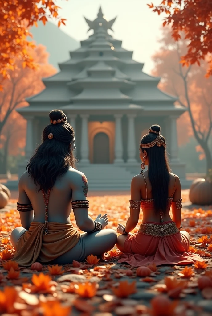 Cartoon cinematic 3d animated detailed lord Shiva and parvati sitting ourside of temple, autumn detailed, digital art, 8k ,high resolution 