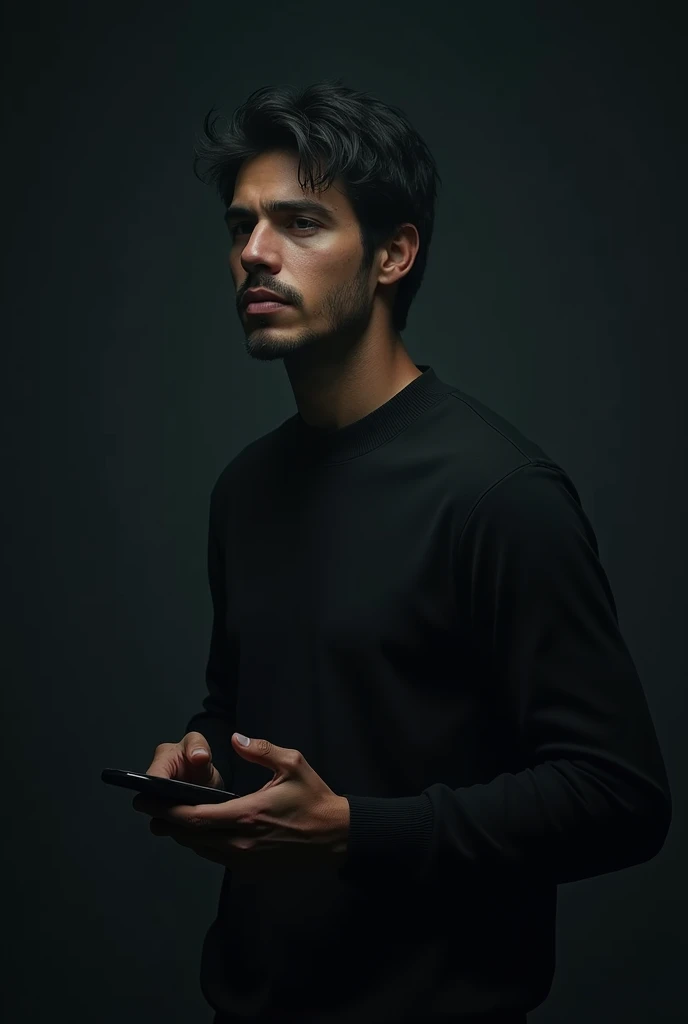 Mature young man in a situation of rejection by the cell phone dark background