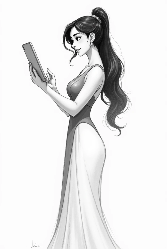 I would like a drawing in the design style like it was done with pencil of the character Mulan from the Disney movie holding an ipad in her hand doing a design. I would like it to be more elegant please DRAWING STYLE 