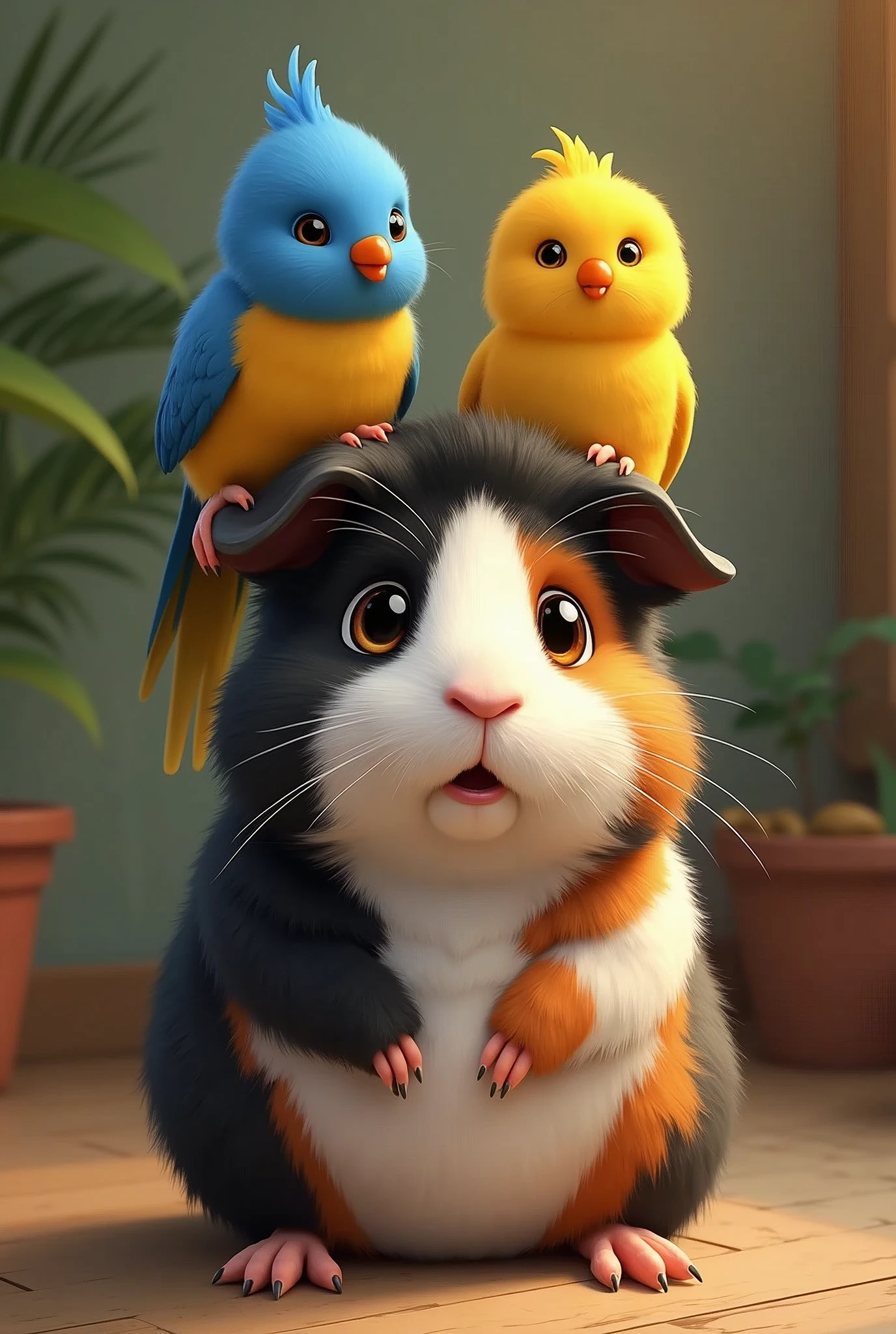 Guinea pig with black fur, white and brown, along with two Australian budgies, one yellow and one blue.