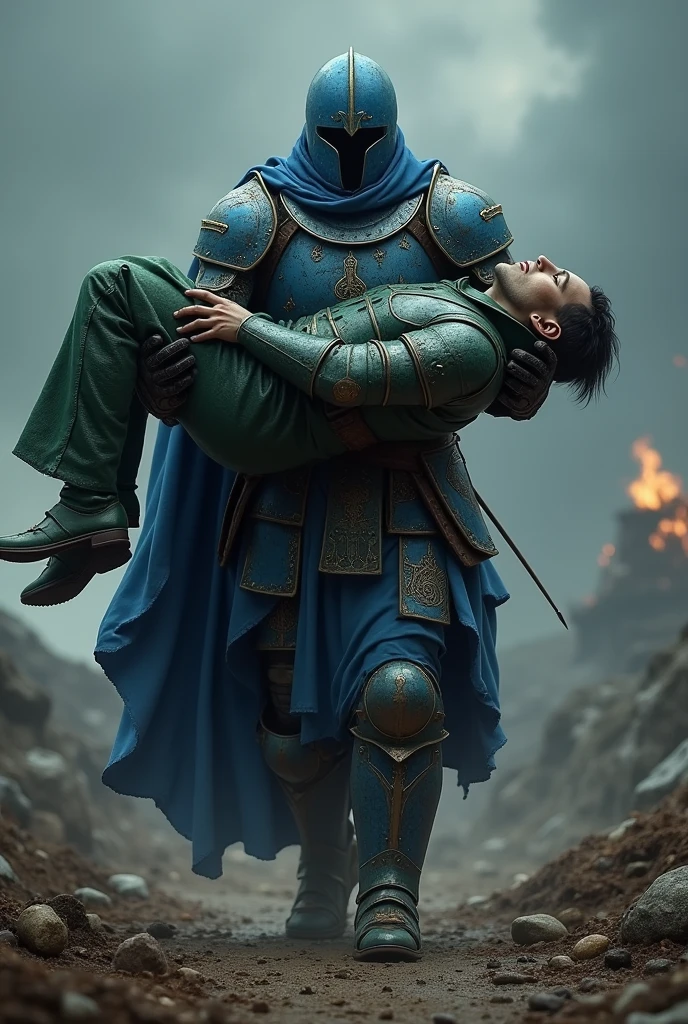 Warrior in blue armor and blue closed helmet holding body of a warrior in green armor and green closed helmet