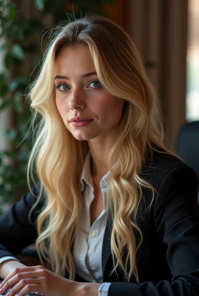 une belle fille aux longs cheveux blonds, detailed eyes, nose and lips,elle porte une tenue professionnelle, assise dans son bureau, en utilisant son ordinateur, ordinateur HP (best quality,4K,8k,high resolution,masterpiece:1.2), ultra-detailed, (realistic,photorealistic,photo-realistic:1.37),HDR,studio lighting, Highly detailed face and body, portrait, Cinematic lighting,Dramatic lighting,warm color tones,couleurs dramatiques