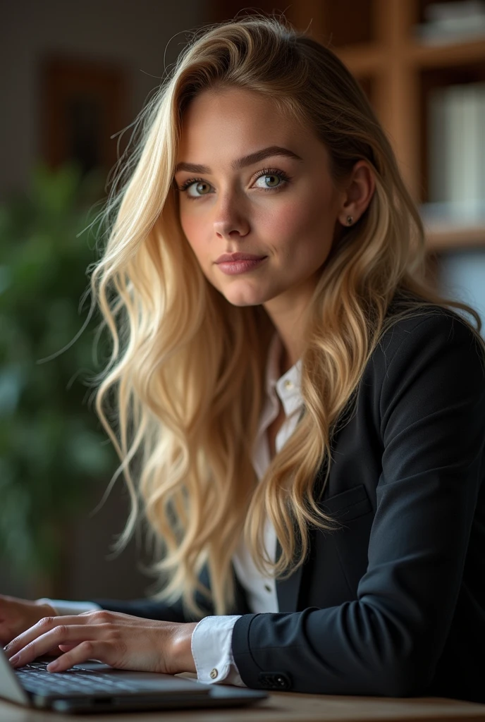 une belle fille aux longs cheveux blonds, detailed eyes, nose and lips,elle porte une tenue professionnelle, assise dans son bureau, en utilisant son ordinateur, ordinateur HP (best quality,4K,8k,high resolution,masterpiece:1.2), ultra-detailed, (realistic,photorealistic,photo-realistic:1.37),HDR,studio lighting, Highly detailed face and body, portrait, Cinematic lighting,Dramatic lighting,warm color tones,couleurs dramatiques