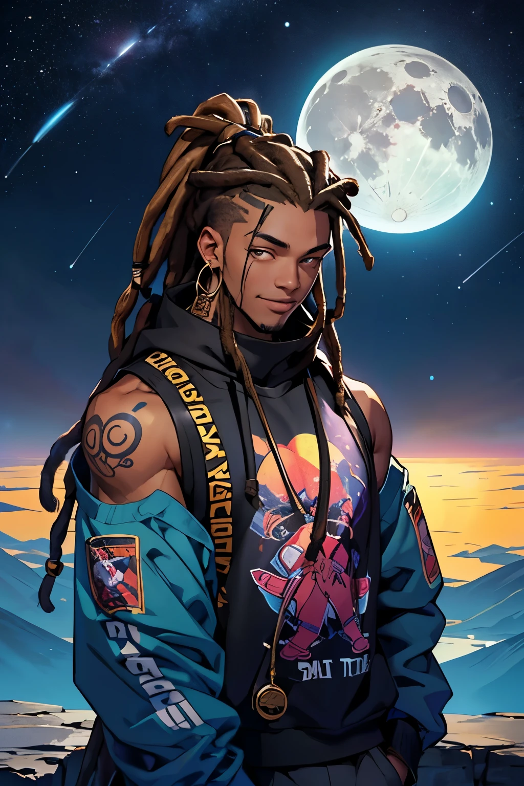 Picture a black male rapper musician, dreadlocks down to his shoulders with tattoos on his body and wearing accessories with the words $SBOY, he looks happy and is in outer space with a beautiful view of the sky and the moon behind him