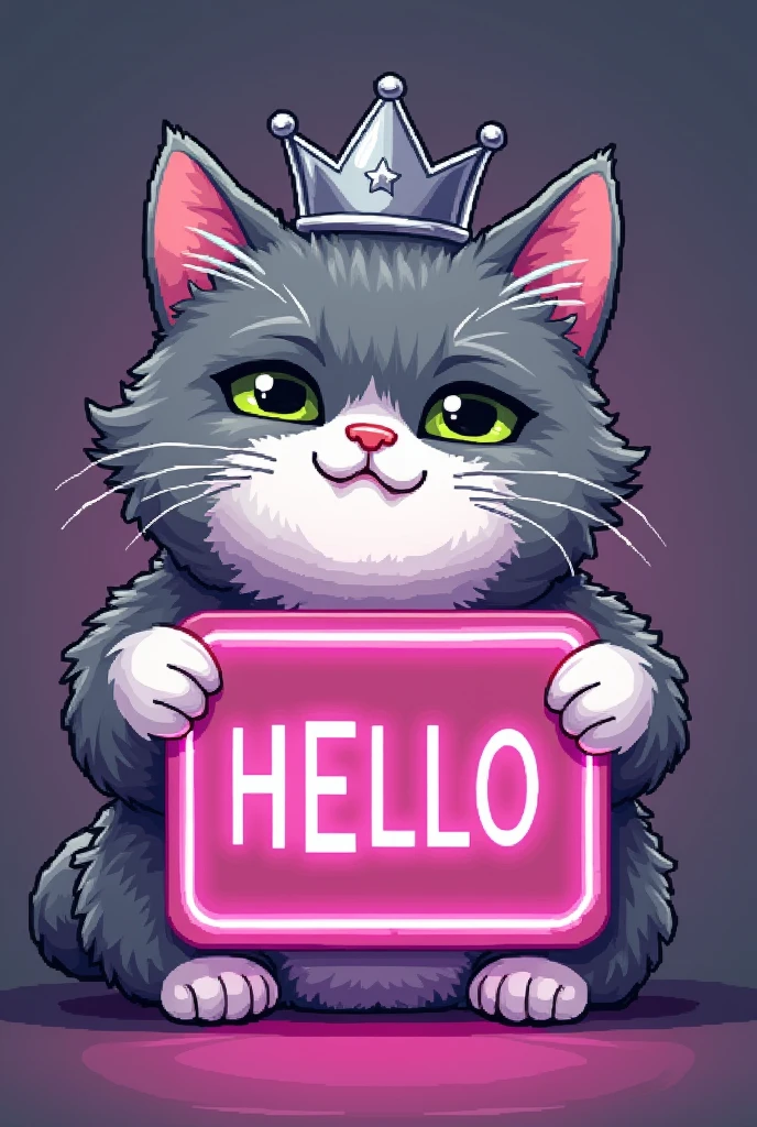 un chat gris et blanc syberien qui fait un clin d oeil avec une couronne en argent en dessin manga qui tient une pancarte entoure de neon violet
 avec écrit "HELLO" dessus. en mode pixel art 