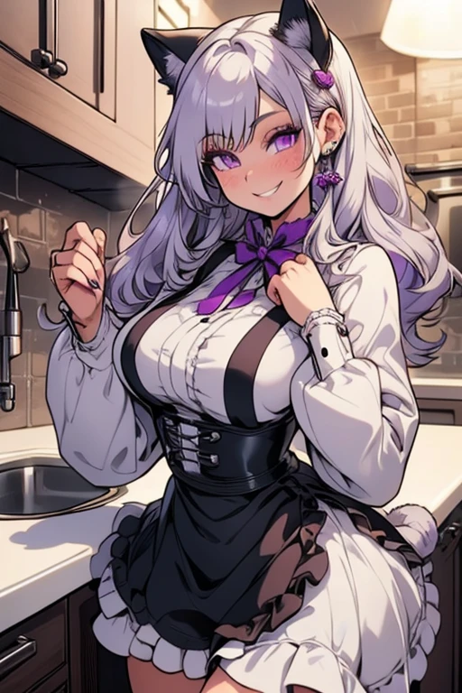 Perfect face. Perfect hands. A young silver haired woman with purple eyes and silver cat ears and a silver cat tail in a ta maids outfit is smiling on the counter in a fancy kitchen with a big smile