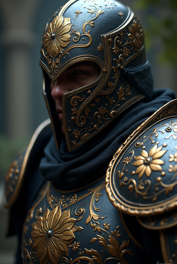 Berseker dark Knight close up portrait with obdisian and gold engraved armor and steel mask with flower engravings on his helmet and armor. Epic dark fantasy atmosphere, elden ring hoslow armor refrence