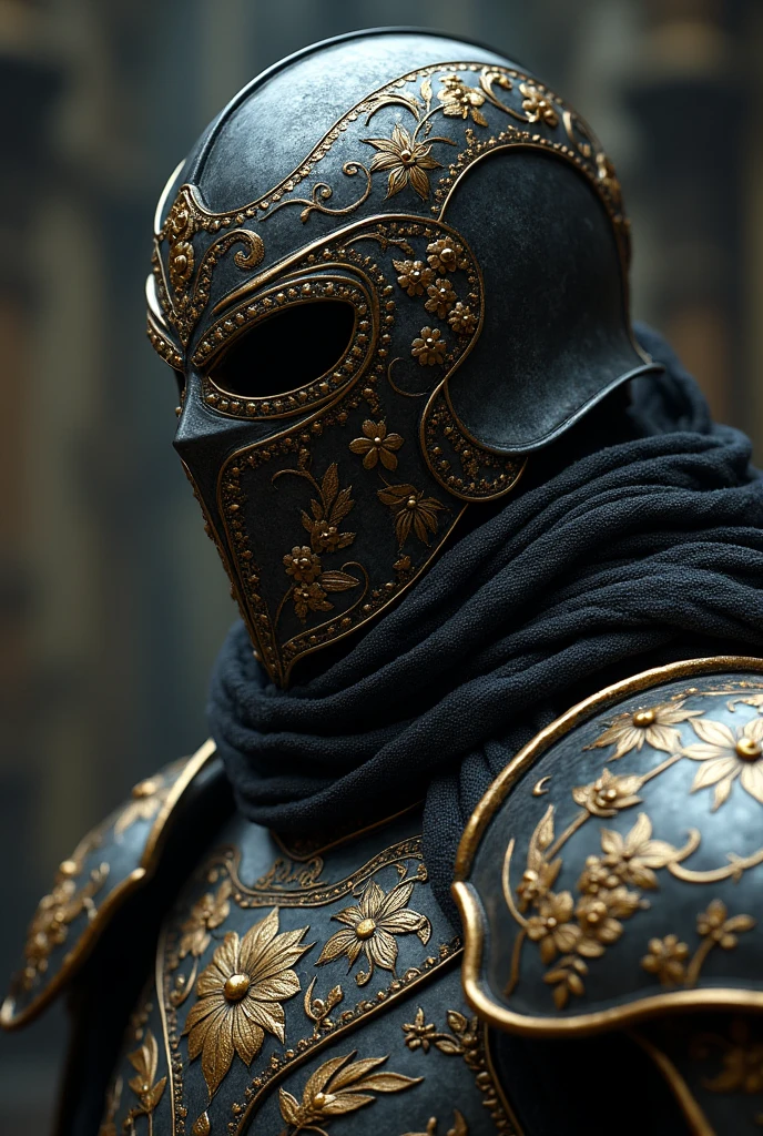 Berseker dark Knight close up portrait with obdisian and gold engraved armor and steel mask with flower engravings on his helmet and armor. Epic dark fantasy atmosphere, elden ring hoslow armor refrence