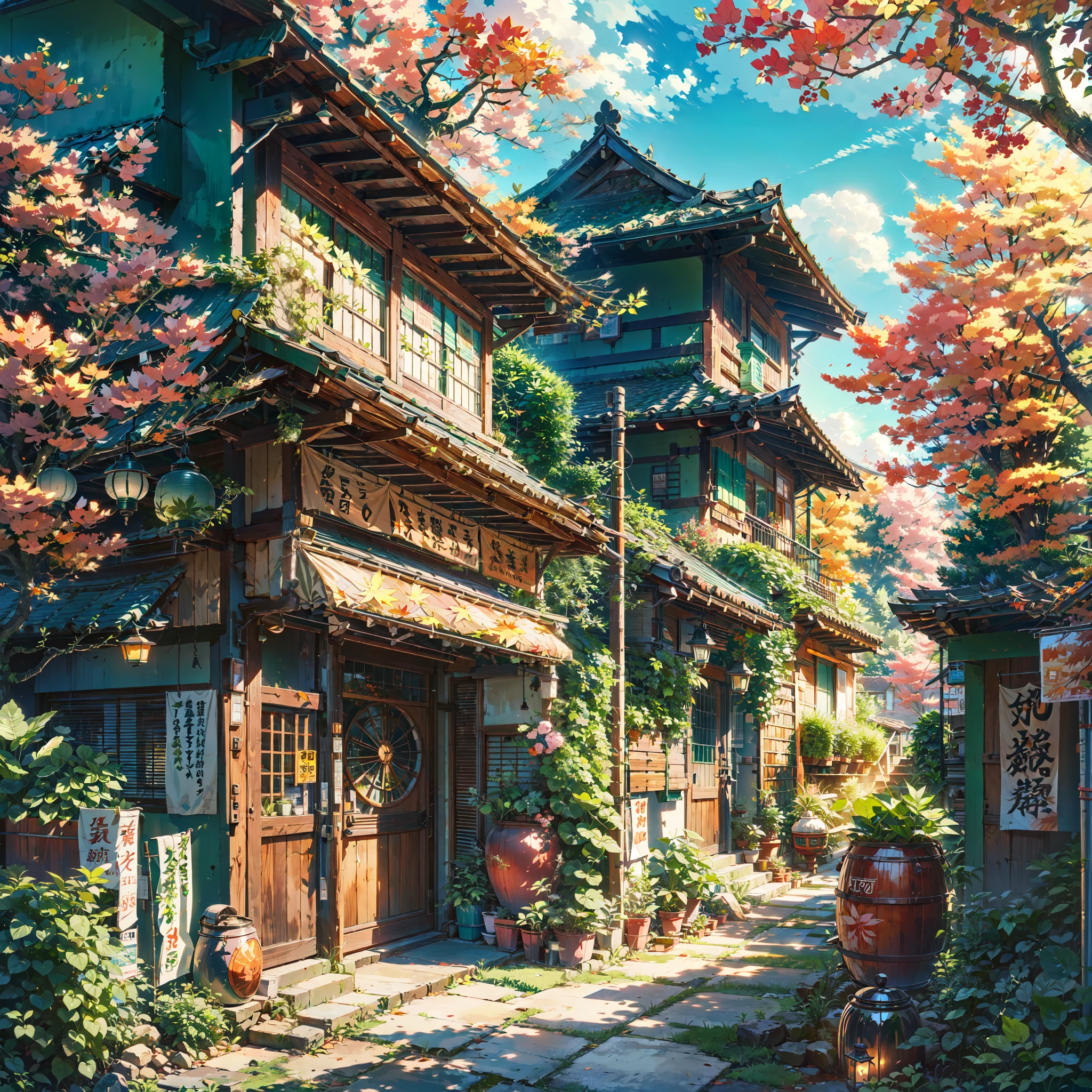 ((packed leaves)), (orange leaves), (green leaves), (pink leaves), vibrant
