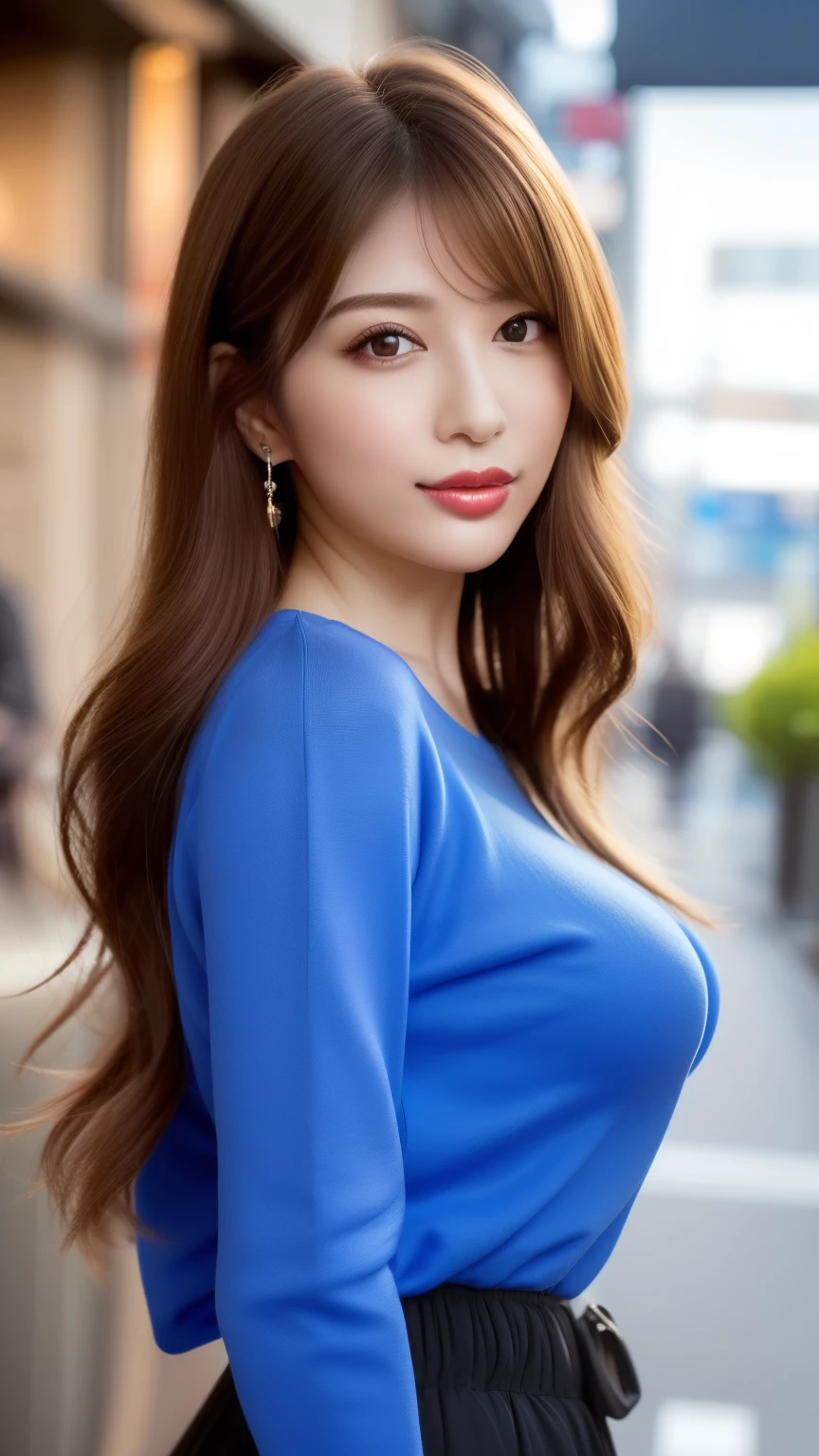 (Highest quality、8k、Award-winning works、Ultra-high resolution)、One beautiful woman、(The perfect and most natural red long sleeve casual sweatshirt:1.1)、(blonde:1.1)、Bright color contacts、Perfect Makeup、Bright and shiny lipstick、(Very heavy makeup:1.2)、(Deep pink around the eyes:1.1)、Beautiful bright eyeshadow、Heavy makeup around the eyes、(Big Breasts:1.2)、very long wavy hair、(Romantic affection:1.1)、私を見た時のThe best smile、(Many of them emphasize the body line...:1.1)、(Strongly blurred vibrant Harajuku city background:1.1)、(Strongly blurred background:1.1)、Accurate anatomy、Ultra HD Hair、(Ultra-high resolutionの完璧な美しい歯:1.1)、Ultra-high definition beauty face、Ultra HD Hair、Ultra HD Shining Eyes、輝くUltra-high resolutionの美肌、Ultra-high resolutionの艶やかな唇, Very detailed,The best smile, Shiny lips with noticeable lip wrinkles,Perfect Lips ,Earrings