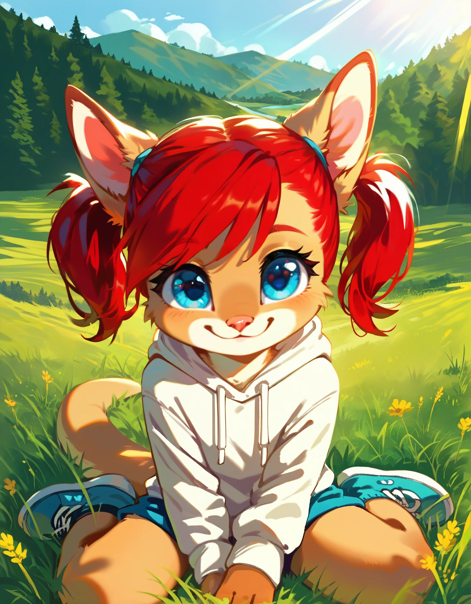 score_9, score_8_up, score_7, rating_ safe, source_furry, furry, camille_w, solo, red hair, twintails, blue eyes, hoodie, (kangaroo tail:0.7), sitting, outdoors, grass, looking at viewer, smile, cute, sunlight, natural lighting, 