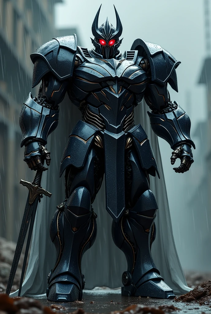 Transformers.MEGATON. Black and chrome medieval armor. eerie glowing red eyes. humida. rain background . swords 
